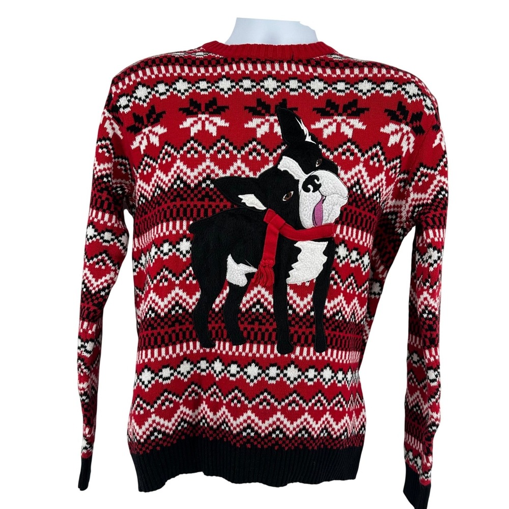 33 Degrees Boston Terrier Dog Ugly Christmas Sweater Men Small Red Fair Isle